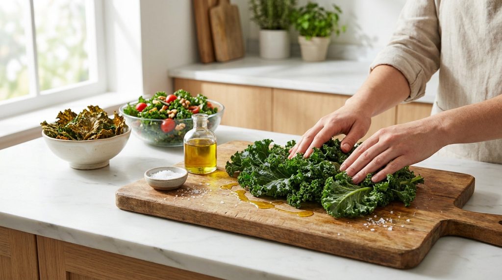 Une personne masse du chou kale frais avec huile d'olive et sel sur une planche en bois. Chips de kale et salade visible en arrière-plan.
