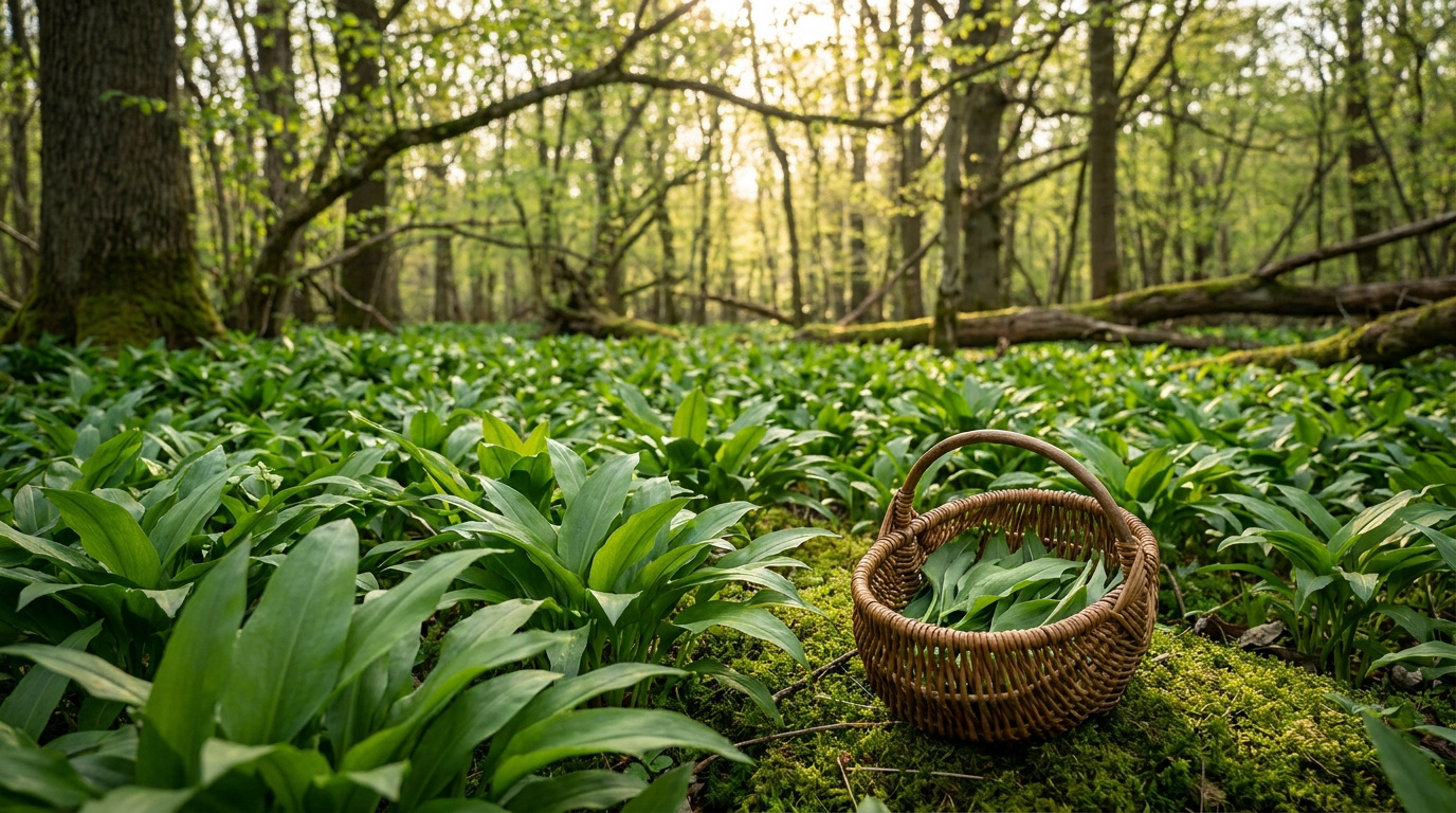 Une forêt au sol couvert d'ail des ours luxuriant. Un panier en osier rempli de feuilles d'ail des ours repose sur la mousse.