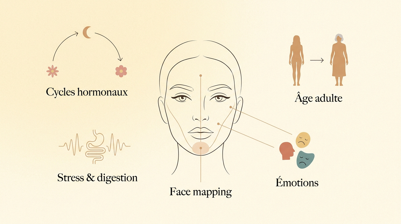 Analyse holistique du visage montrant les liens entre cycles hormonaux, stress et émotions sur le menton