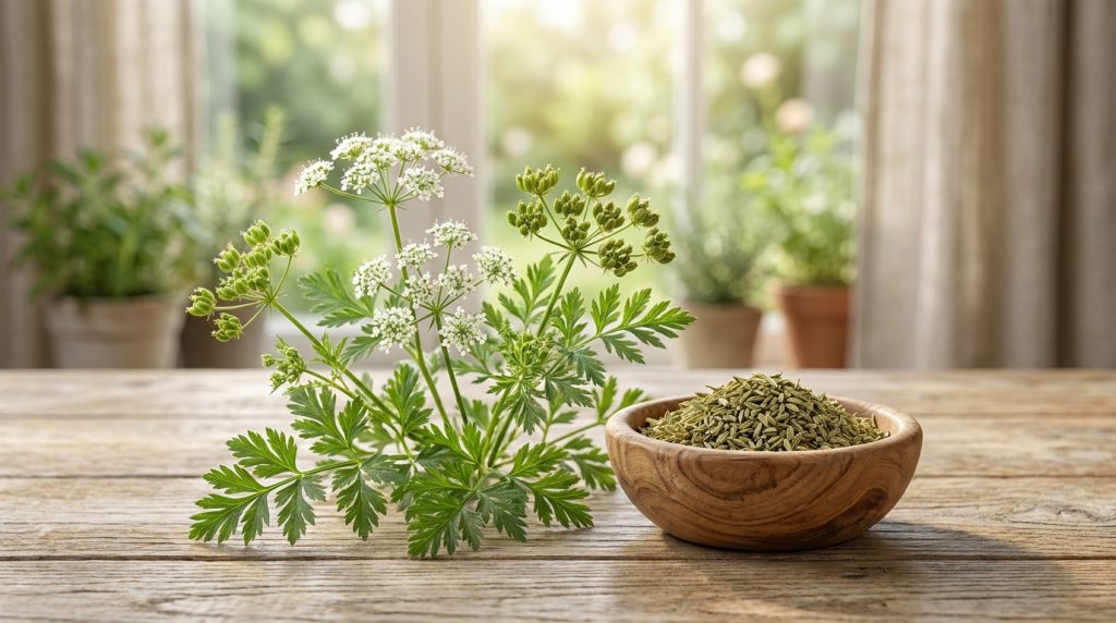 Plante d'anis vert avec fleurs blanches, graines dans un bol en bois sur une table rustique devant une fenêtre lumineuse.