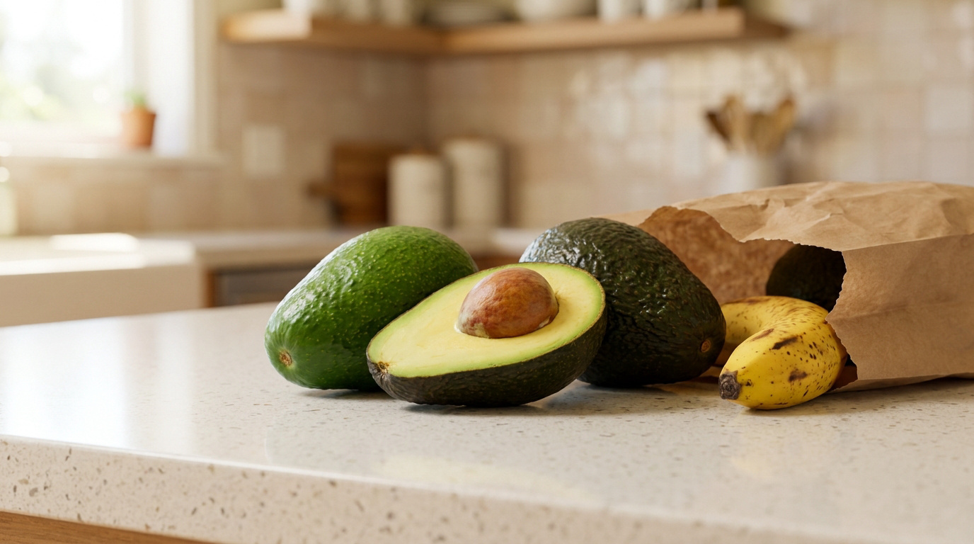 Plusieurs avocats, dont un coupé, et des bananes dans un sac en papier sur un comptoir de cuisine. Indique un mûrissement naturel.