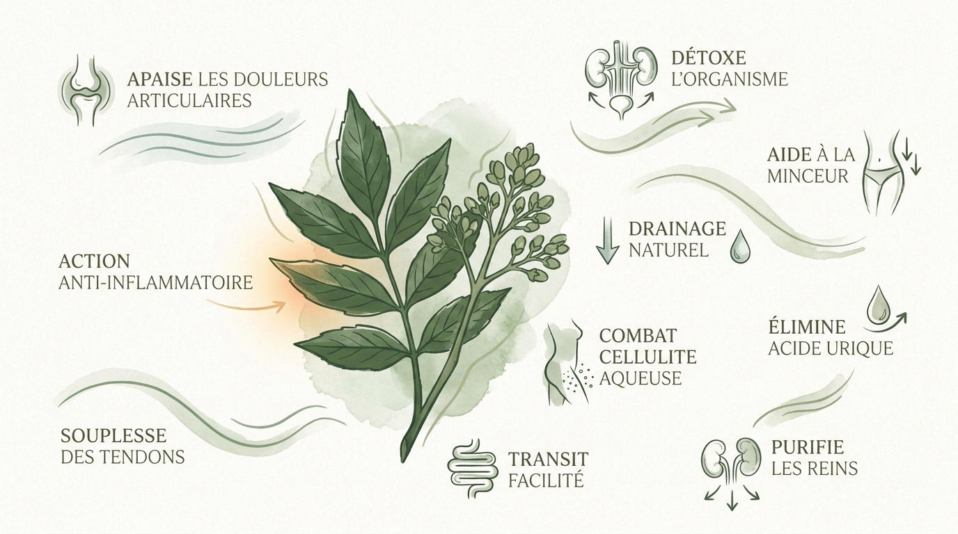 Illustration botanique des feuilles de frêne pour la phytothérapie