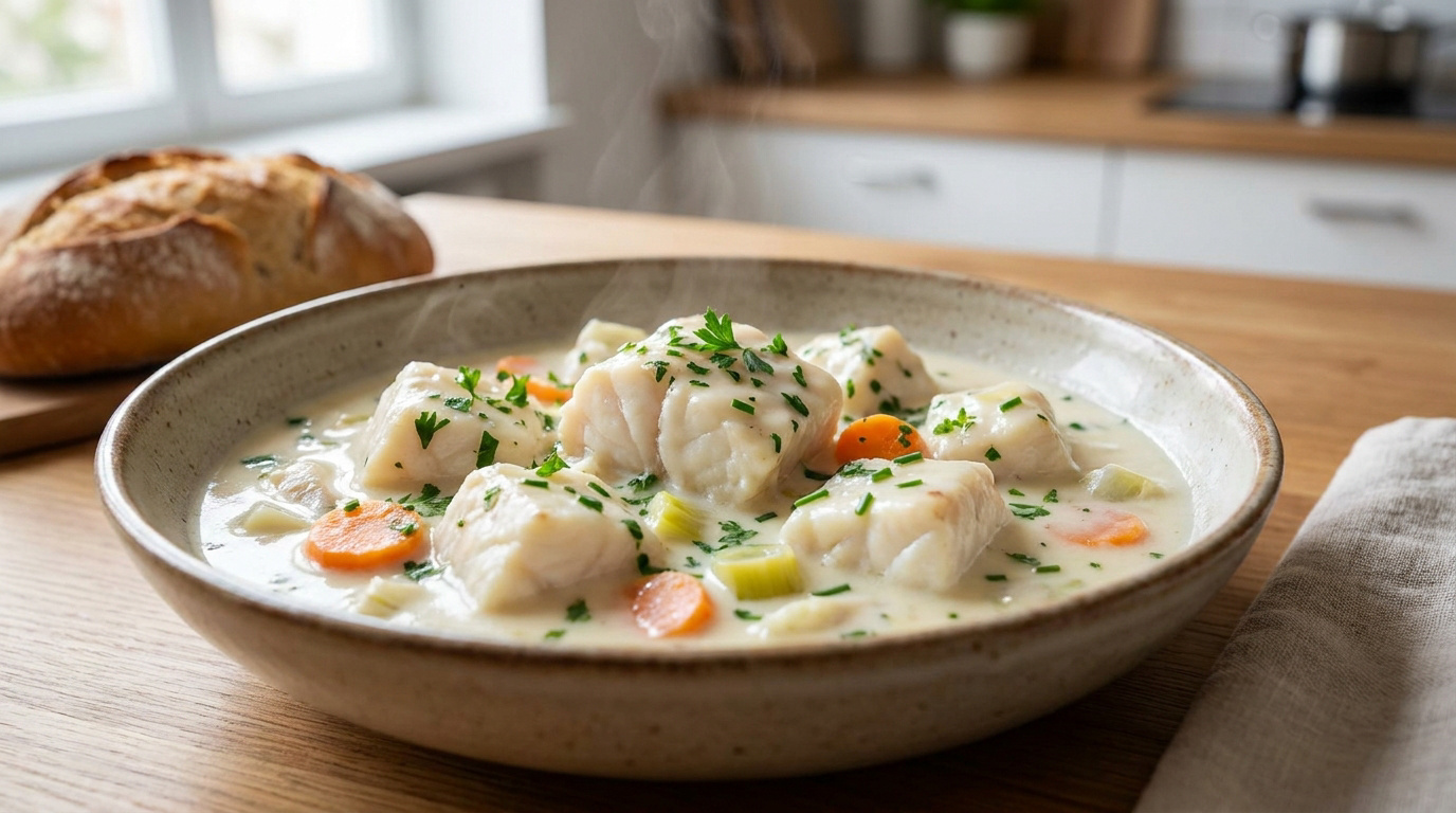 Un bol de blanquette de poisson fumante avec des morceaux de poisson blanc, carottes, poireaux, et persil, à côté d'un pain.