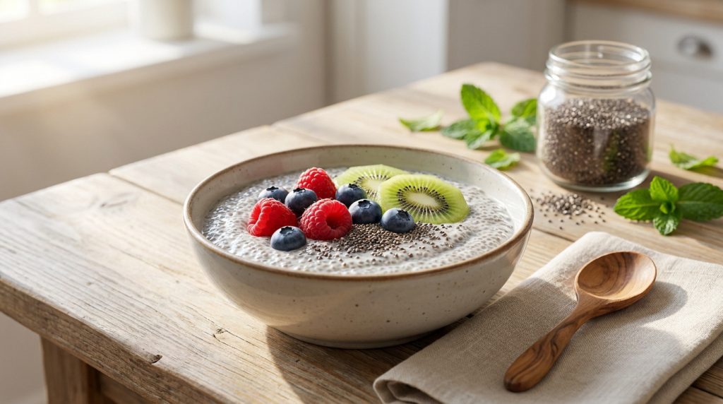 Bol de pudding de chia garni de framboises, myrtilles et kiwi, avec des graines de chia en pot et des feuilles de menthe sur une table en bois.
