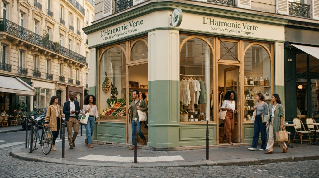 Façade de L'Harmonie Verte, boutique végétale & éthique à Paris, avec clients. Vitrines exposant produits frais et vêtements.