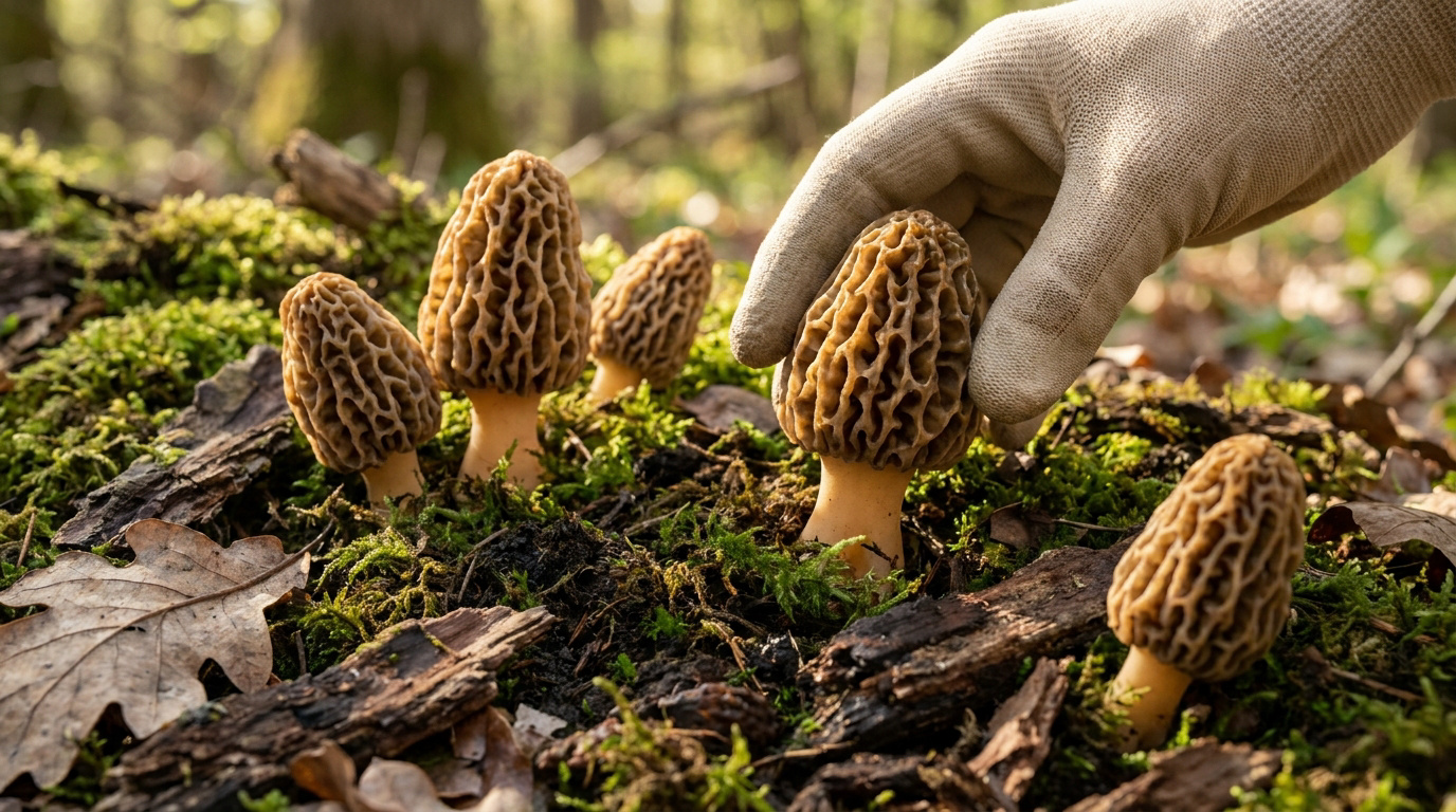 Main gantée ramassant des morilles sur un lit de mousse et feuilles mortes dans une forêt ensoleillée.