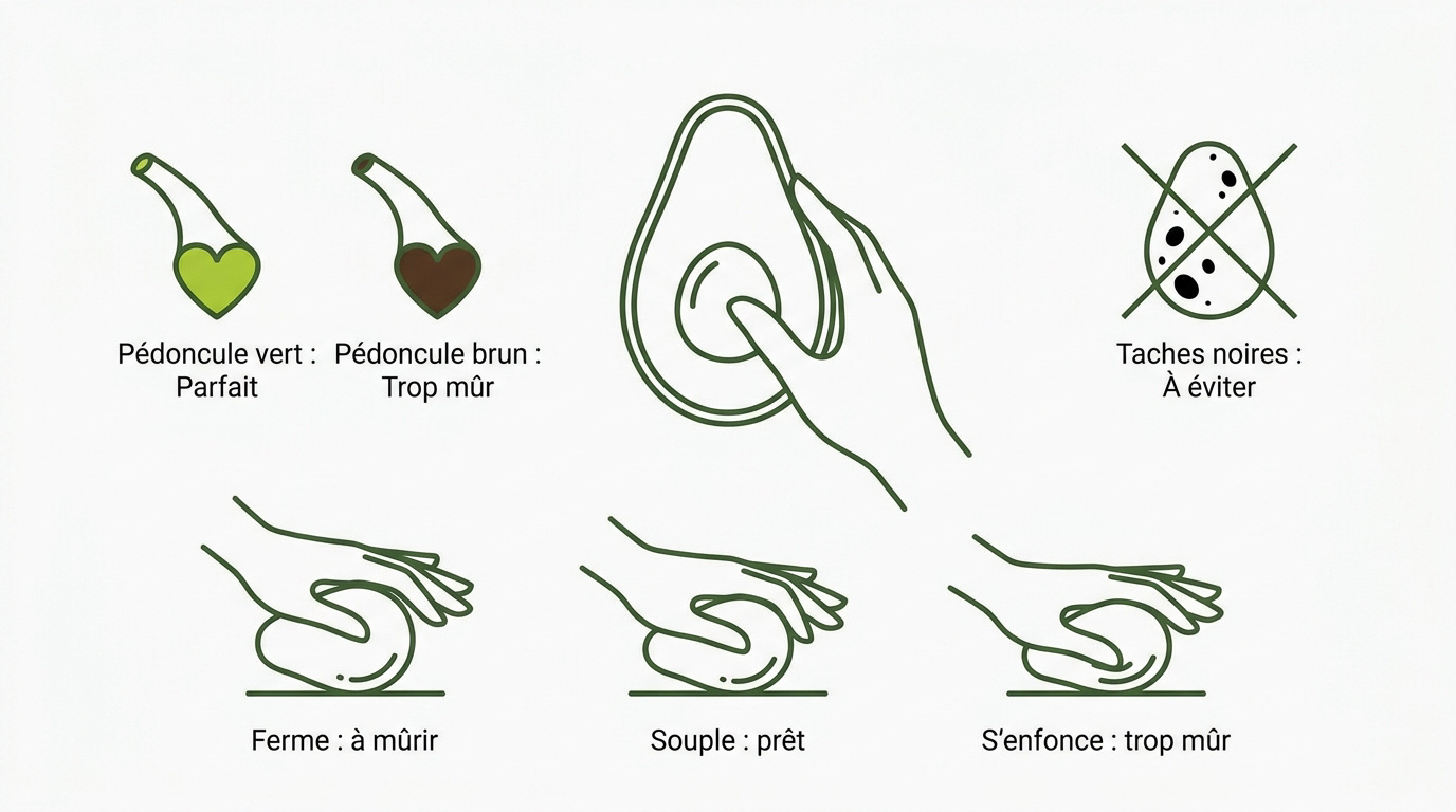 Guide visuel pour identifier un avocat mûr selon la couleur et le pédoncule