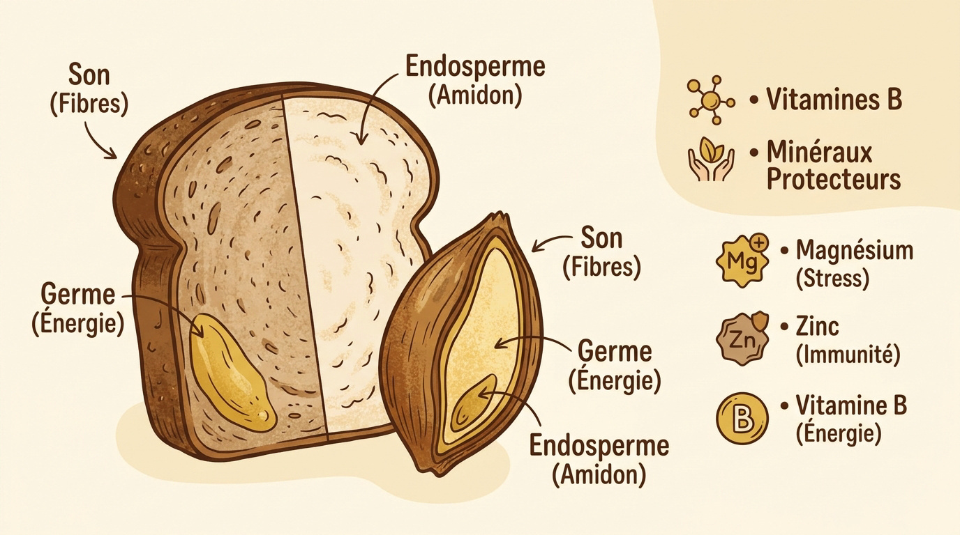 Schéma de la composition d'un grain de blé entier montrant le son, le germe et l'endosperme