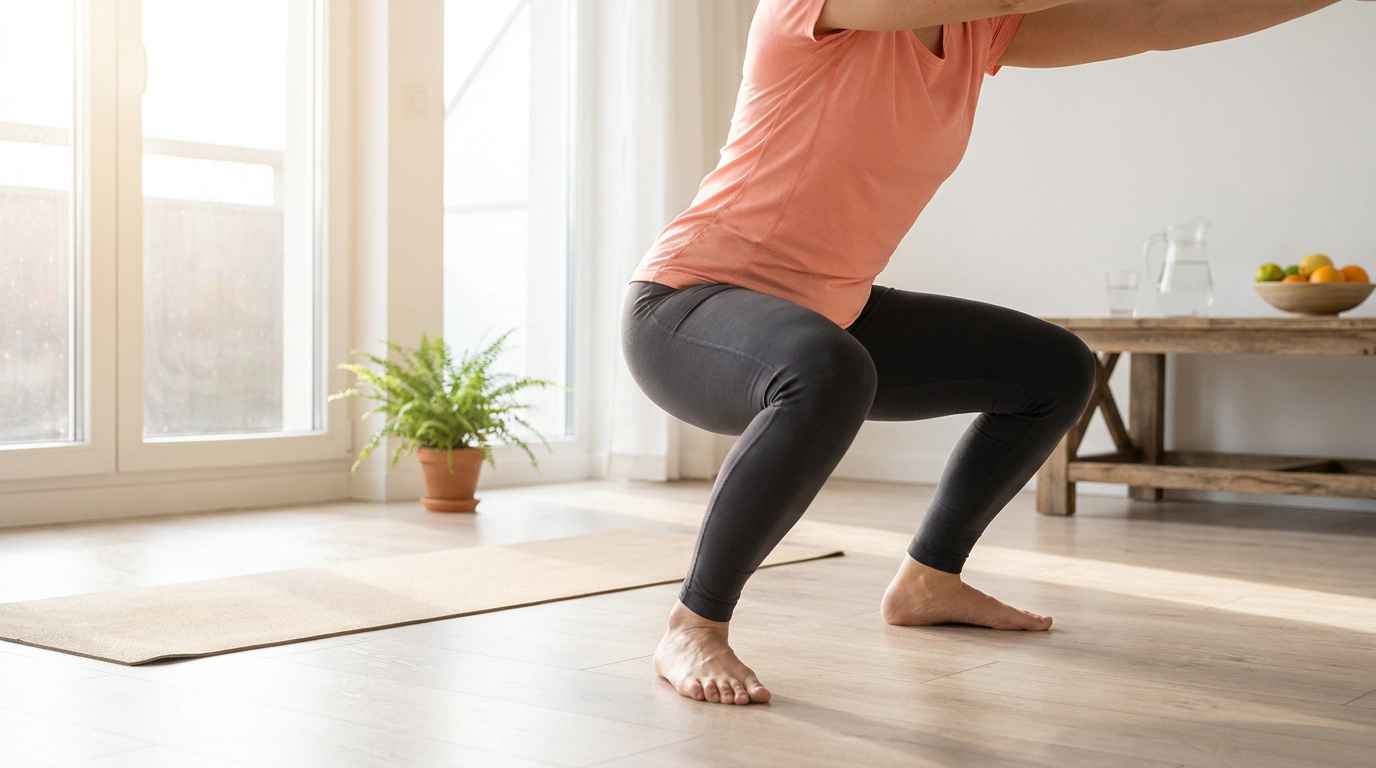 Une personne pieds nus effectue un squat à la maison, vêtue d'un t-shirt orange et d'un legging gris, devant une fenêtre.