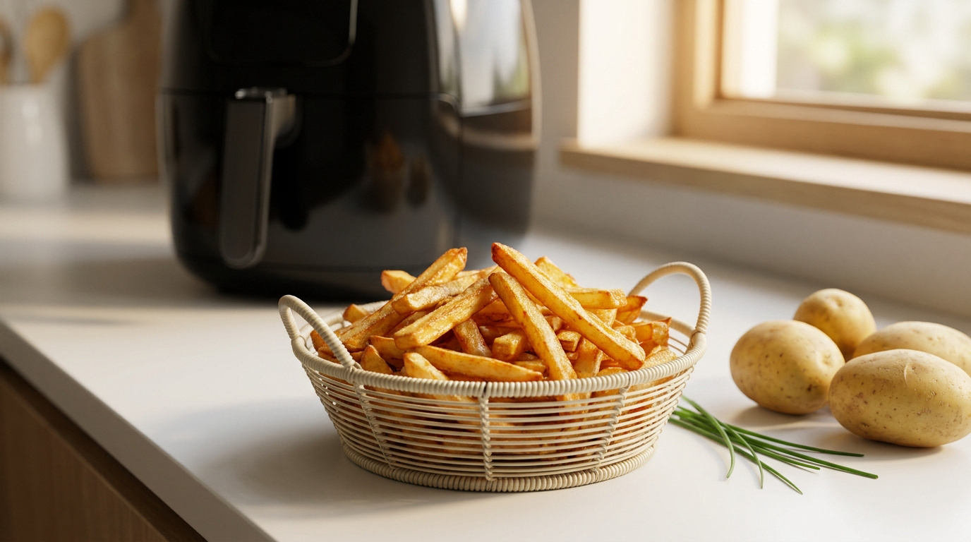 Un panier de frites dorées sur un comptoir de cuisine, avec un air fryer noir, des pommes de terre crues et de la ciboulette.