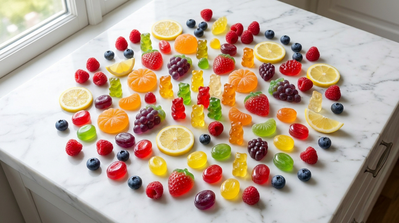 Divers bonbons fruités et oursons gélifiés colorés, mélangés à des fruits frais (framboises, myrtilles) et citrons, sur un comptoir en marbre.