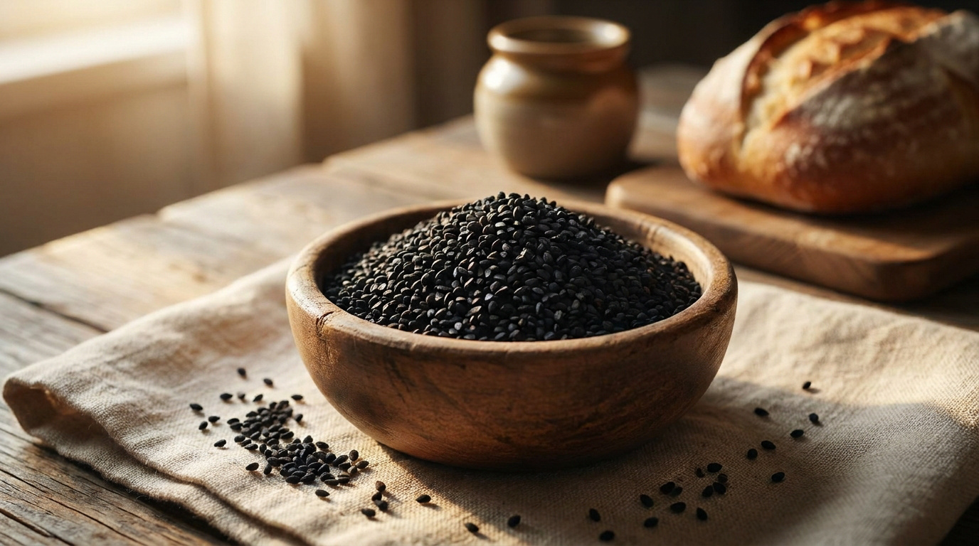 Un bol en bois rempli de graines de nigelle noires sur une nappe en lin, avec des graines éparpillées. Du pain et un pot sont en arrière-plan flou.