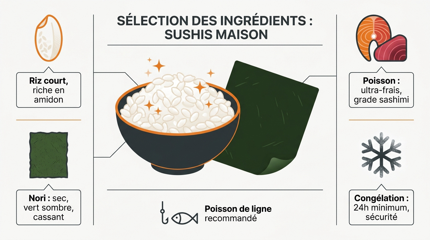 Riz, algues nori et poisson frais pour sushis