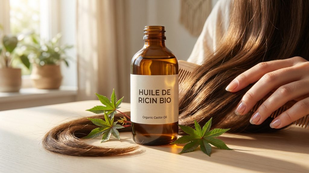 Une bouteille d'huile de ricin bio, des feuilles de ricin et une main caressant de longs cheveux brillants avec un peigne.