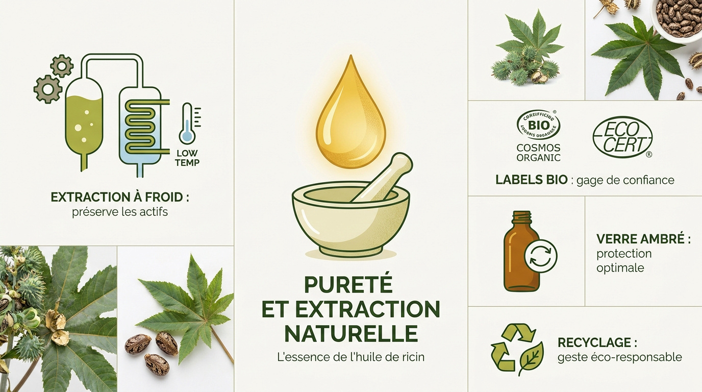 Flacon d'huile de ricin bio et labels de qualité