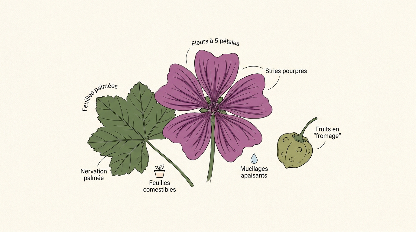 Illustration botanique détaillée de la mauve sauvage Malva sylvestris avec fleurs et feuilles