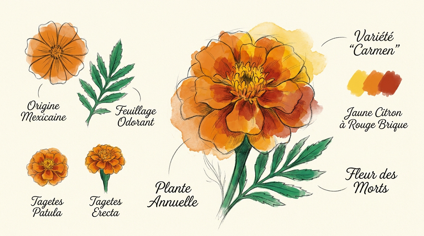 Illustration botanique de l'œillet d'Inde