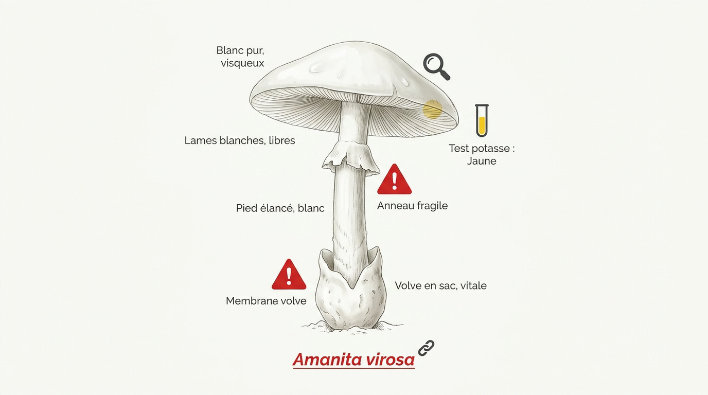 Infographie d'identification de l'amanite vireuse montrant le chapeau blanc et la volve