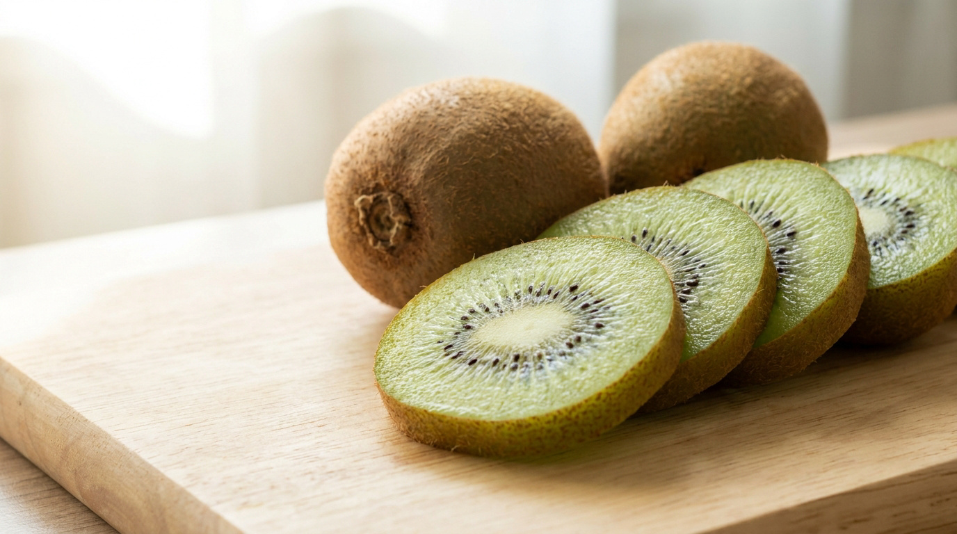 Kiwis entiers et en tranches sur une planche en bois. La chair verte et les graines noires sont nettes, illustrant l'astuce santé zéro déchet.