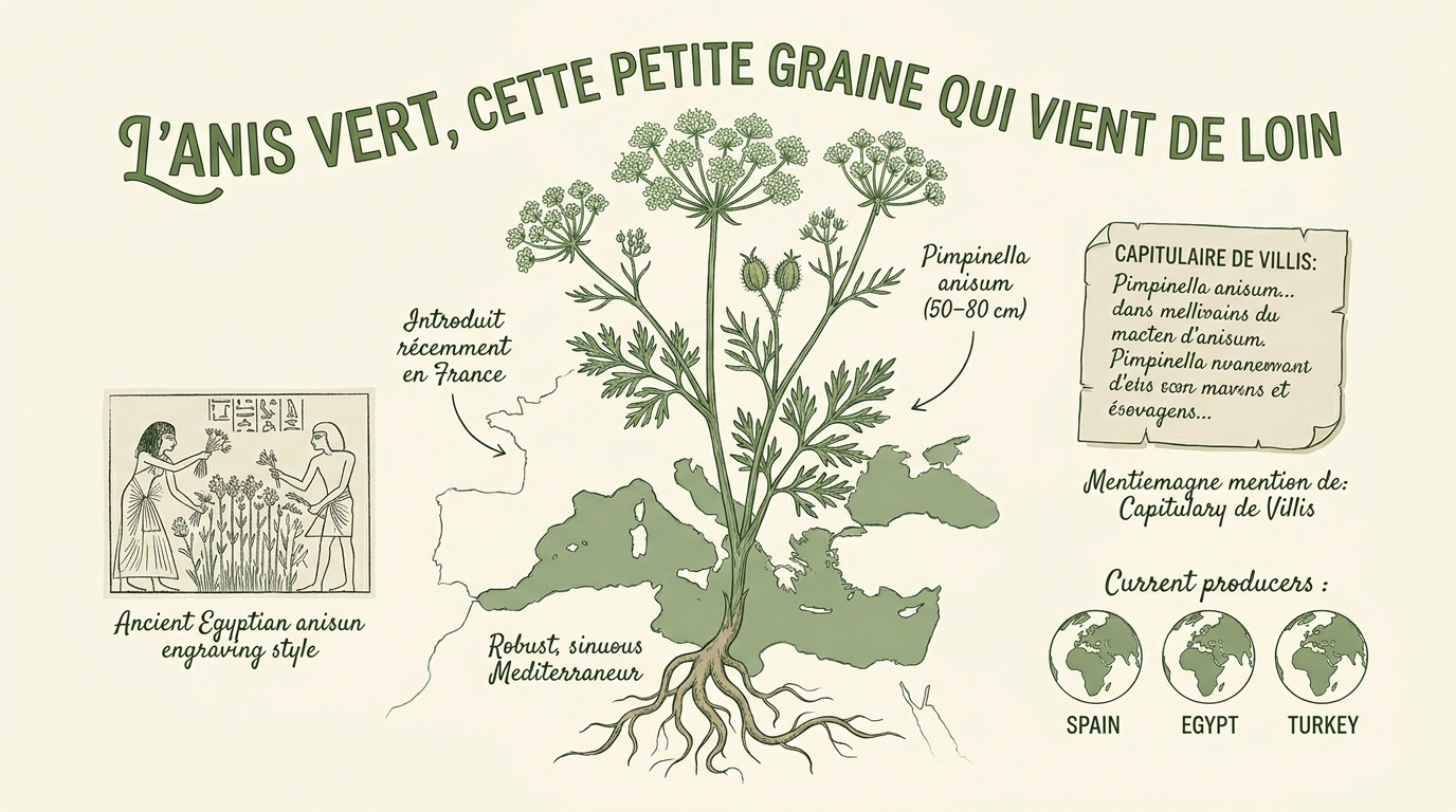 Illustration de l'anis vert, plante herbacée aux fleurs blanches et graines aromatiques