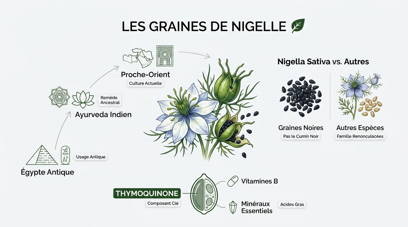 Graines de nigelle noires et fleurs de Nigella sativa