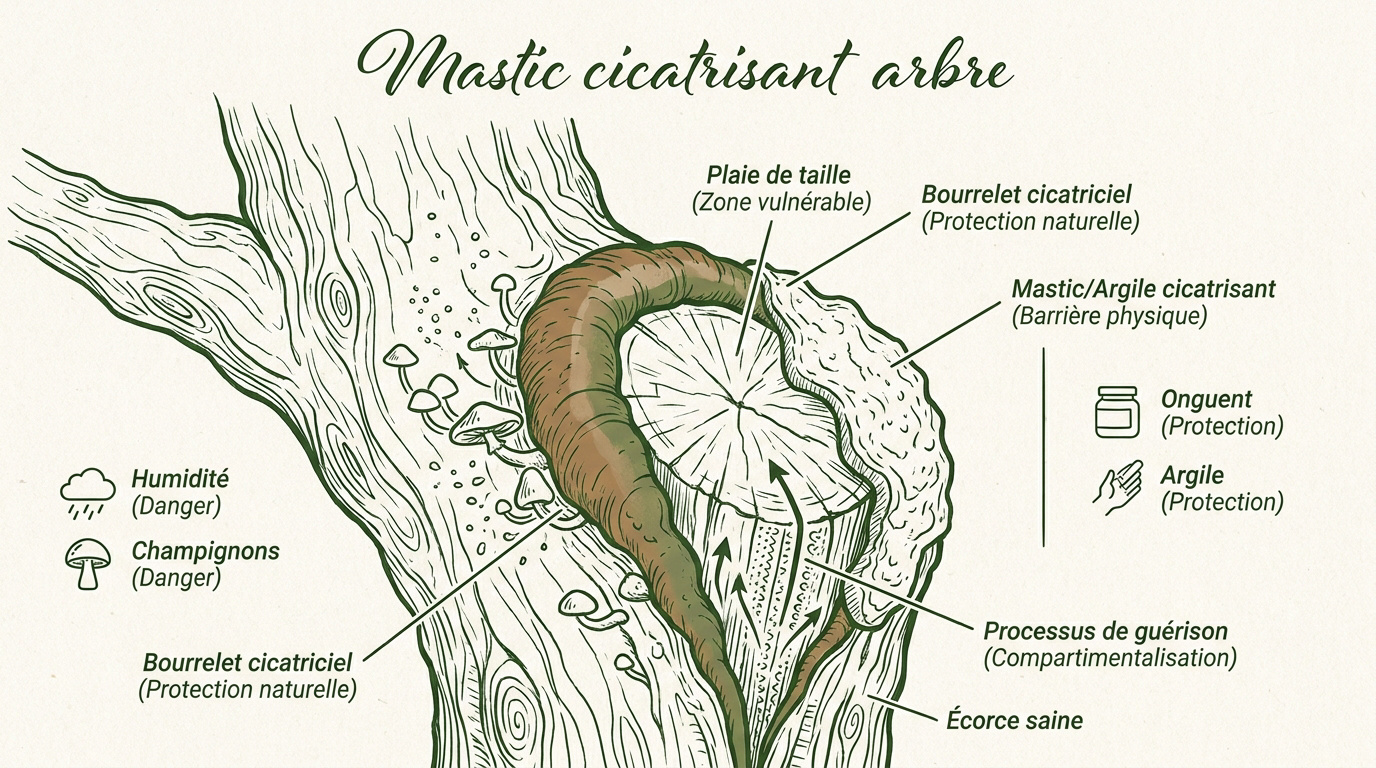 Application de mastic cicatrisant sur une branche d'arbre