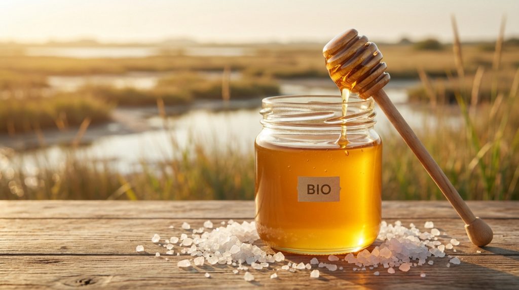 Bocal de miel bio avec une cuillère, entouré de gros sel, sur une table en bois face à un paysage de marais au coucher du soleil.