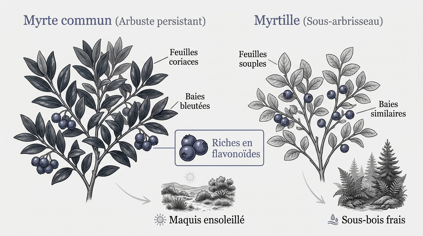 Comparaison botanique entre le myrte commun et la myrtille sauvage