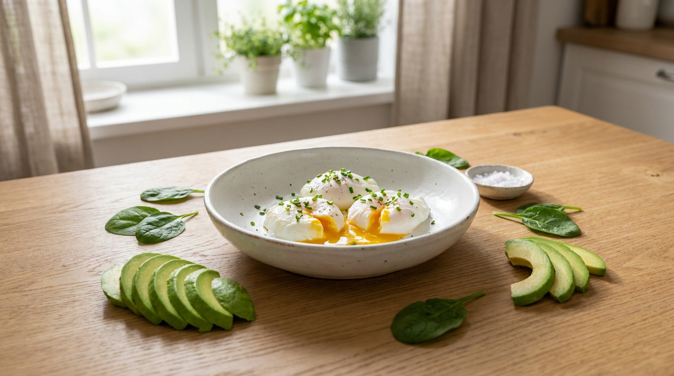 Trois œufs pochés aux jaunes coulants, garnis de ciboulette, dans un bol blanc. Accompagnés d'avocat, épinards et sel sur une table.
