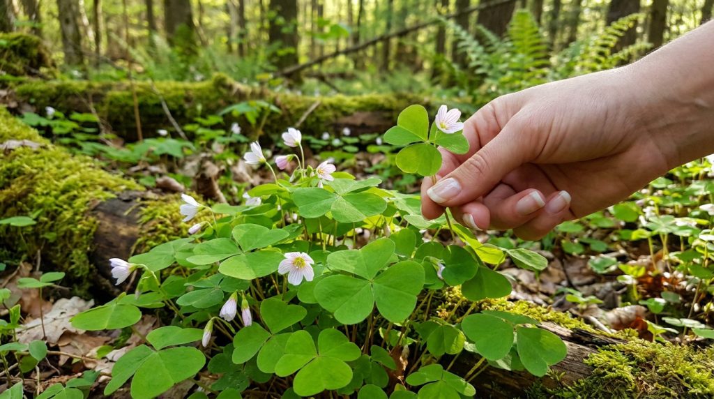 Une main cueille délicatement une feuille d'Oxalis en forme de trèfle dans une forêt verdoyante parsemée de fleurs blanches.