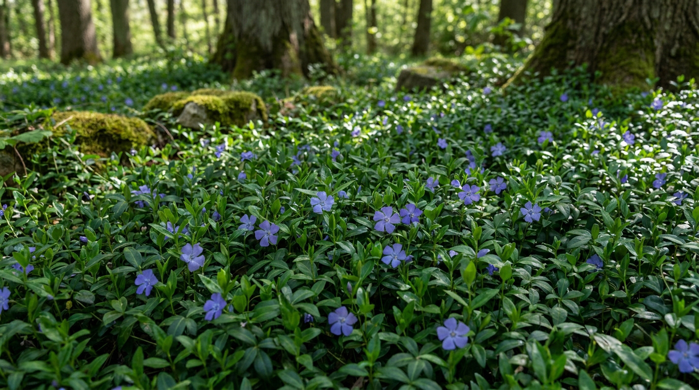 Un tapis luxuriant de pervenches aux fleurs violettes couvre le sol d'un sous-bois, avec des arbres et des rochers moussus.