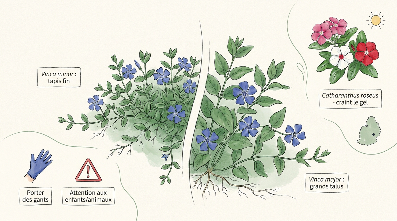 Comparaison visuelle entre Vinca minor, Vinca major et la pervenche de Madagascar