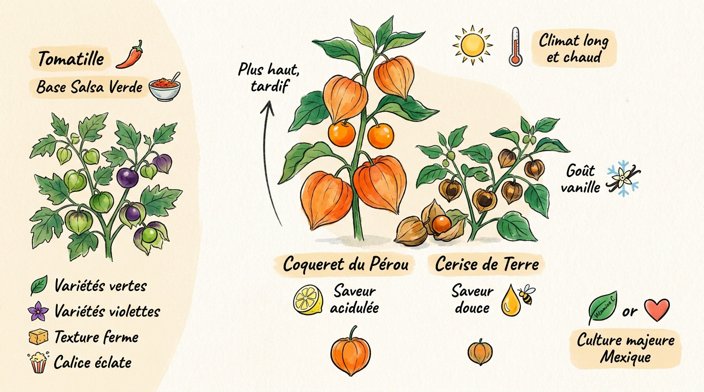 Comparaison des fruits de physalis coqueret du pérou cerise de terre et tomatille