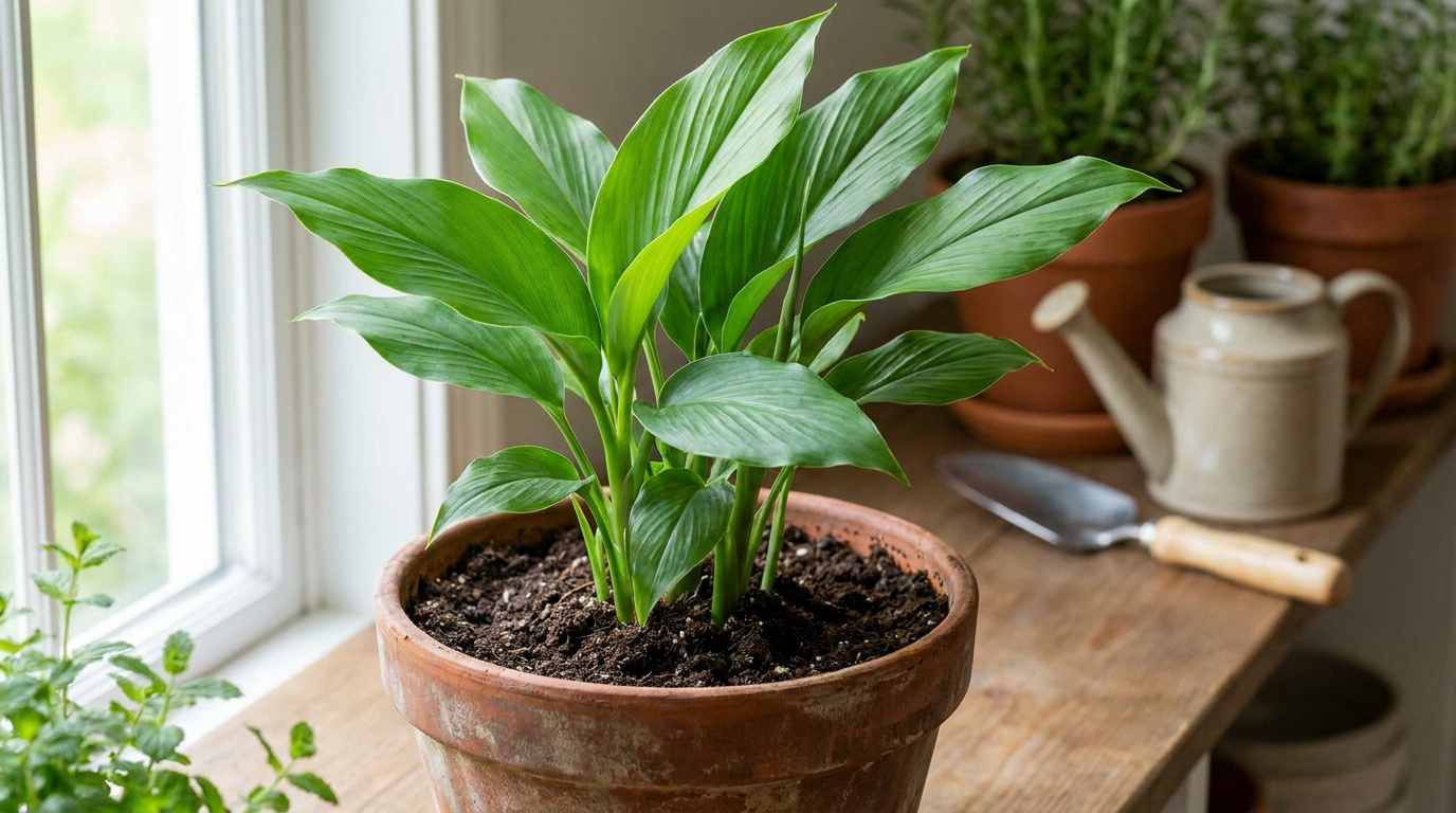 Plante de curcuma verte luxuriante dans un pot en terre cuite, posée sur une étagère en bois près d'une fenêtre lumineuse.