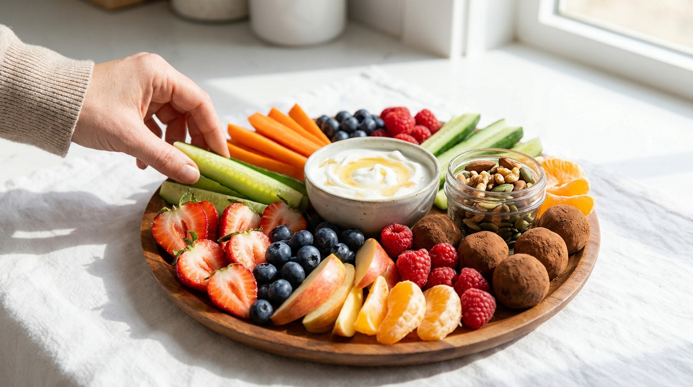 Main prenant un bâtonnet de concombre d'un plateau de snacks sains : fruits, légumes, yaourt, noix et truffes énergétiques.