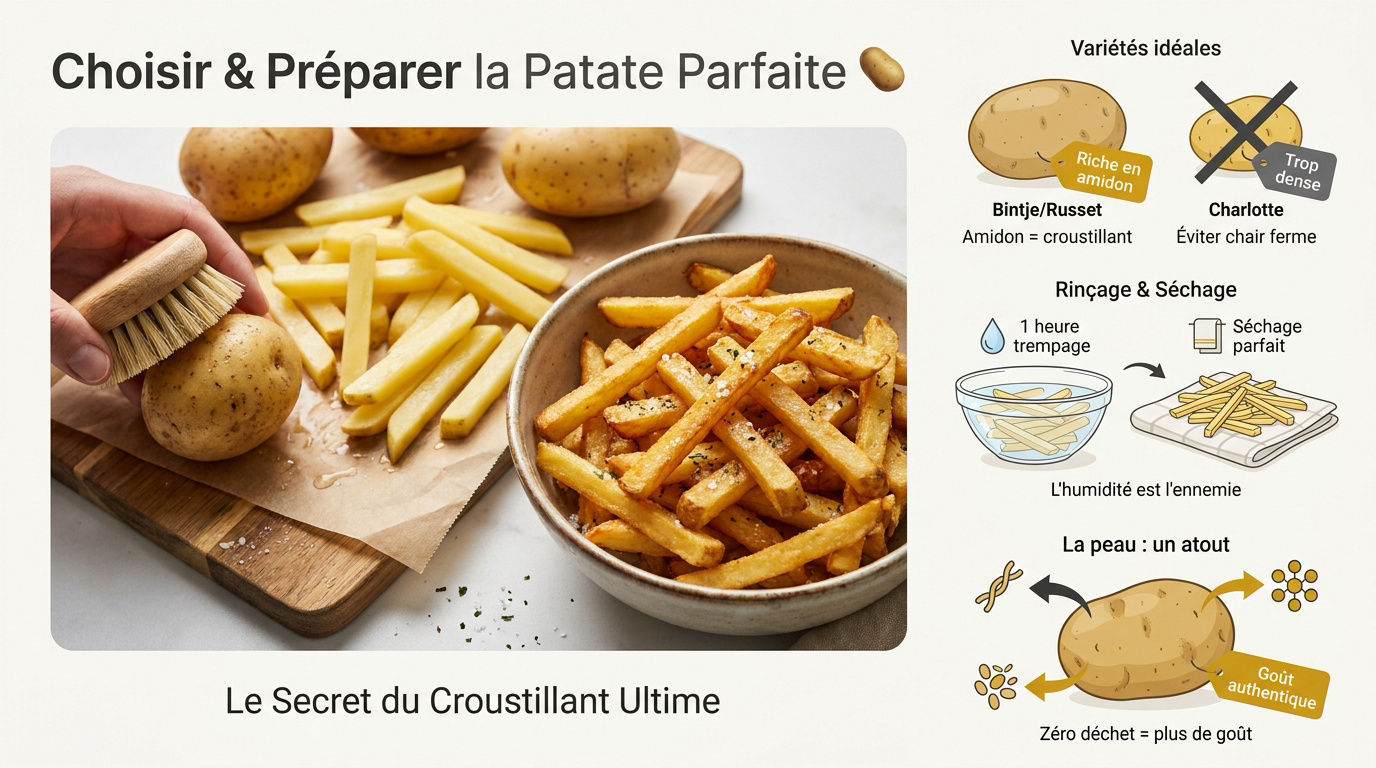 Préparation des bâtonnets de pommes de terre rincés et séchés