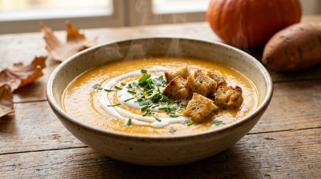Bol de soupe de potimarron et patate douce fumante, garnie de crème, croûtons et herbes sur table en bois avec feuilles d'automne.