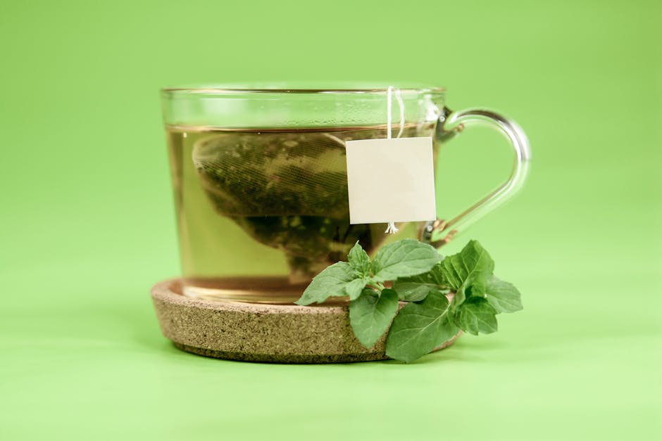 Green tea bag in glass cup with hot water on cup holder with mint leaves placed on green background