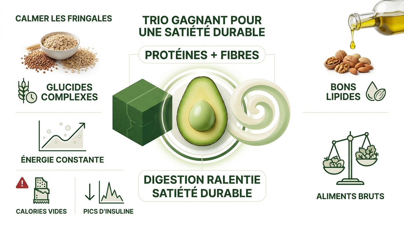 Assiette équilibrée avec avocat, œufs et légumes pour une satiété durable