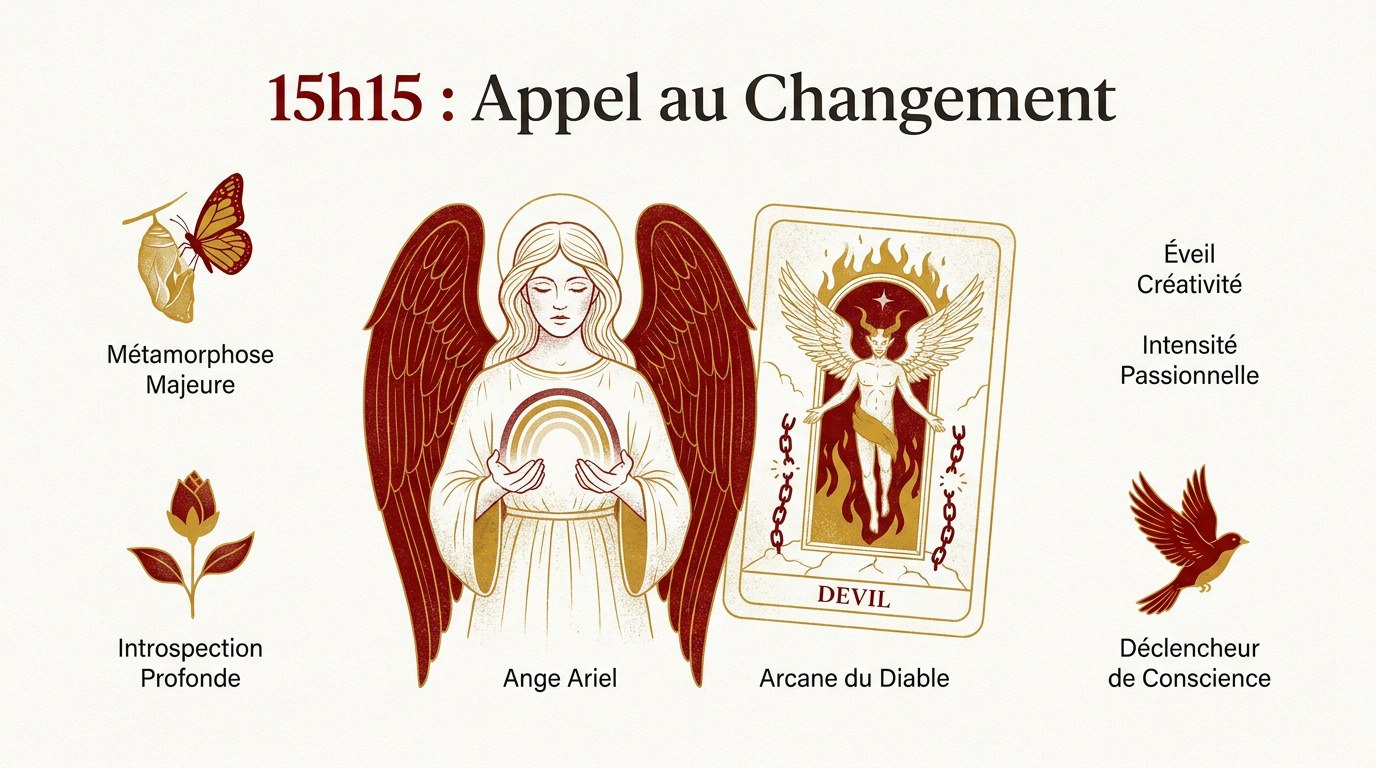 Représentation spirituelle de l'heure miroir 15h15 avec l'ange Ariel et l'arcane du Diable