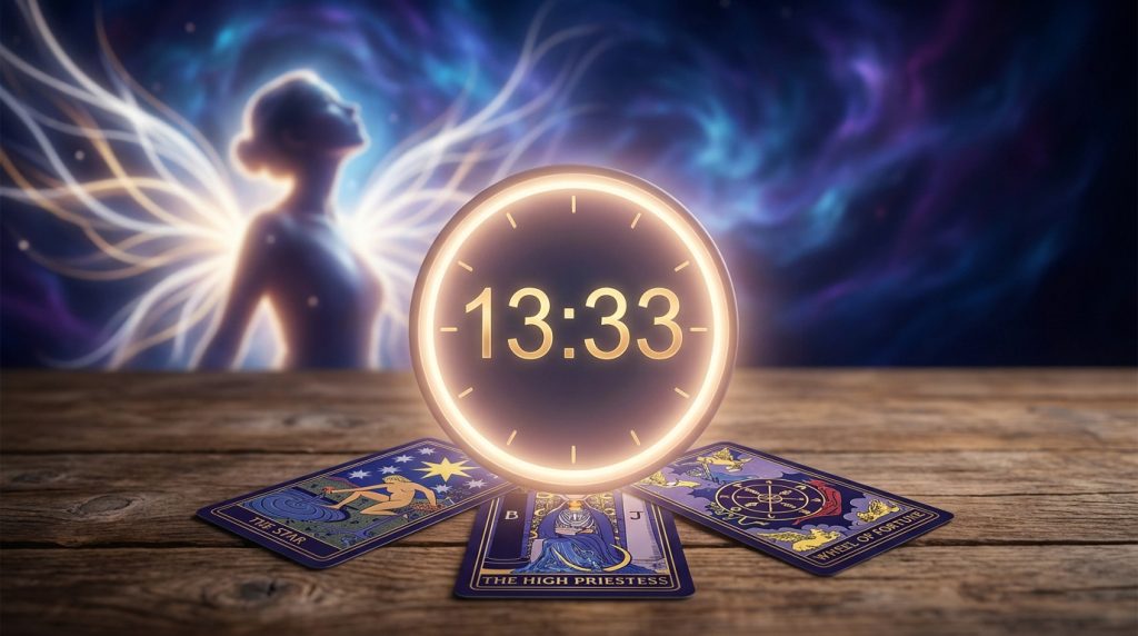 Horloge affichant 13:33 entourée de cartes de tarot et une silhouette angélique en arrière-plan.