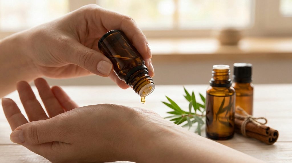 Une personne verse une goutte d'huile essentielle ambrée d'un flacon sur sa main ouverte, avec d'autres flacons et des herbes en fond.