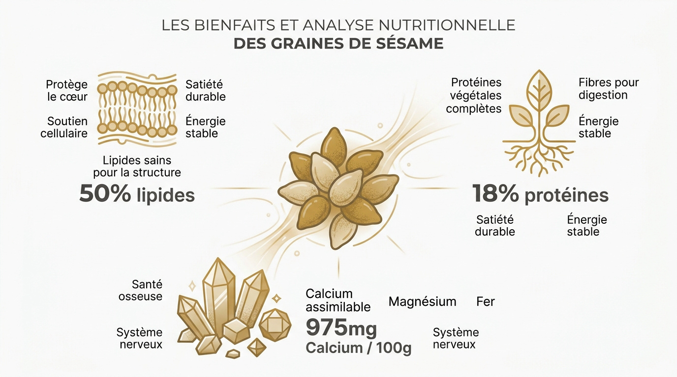Graines de sésame blanc et noir dans des bols en bois illustrant leurs bienfaits nutritionnels