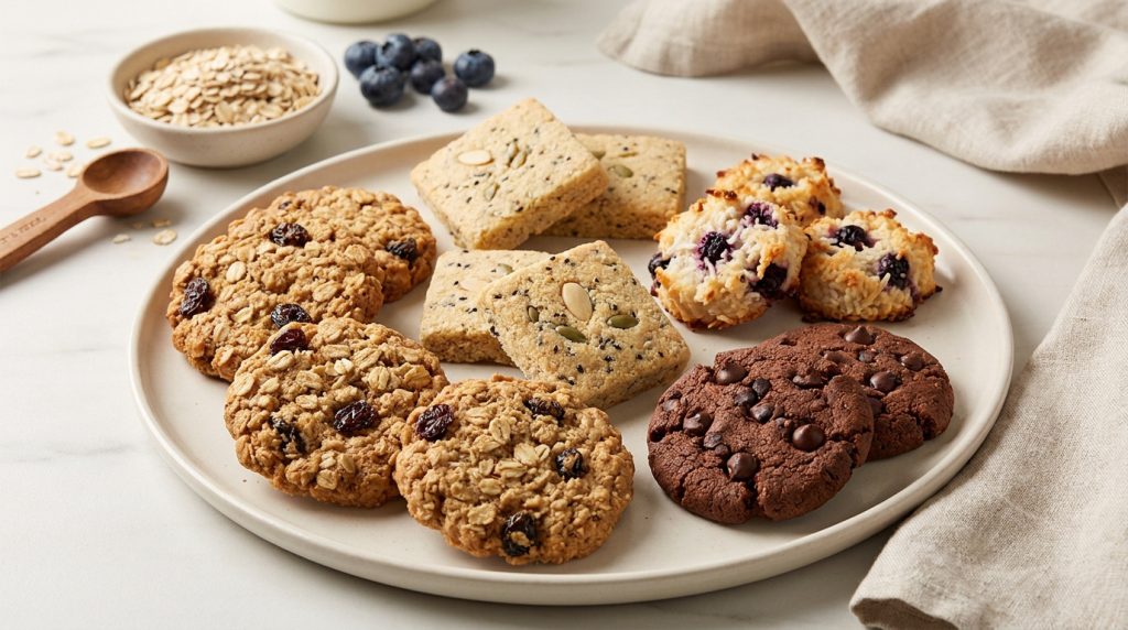 Assortiment de biscuits sains, flocons d'avoine, baies et chocolat sur une assiette en céramique.