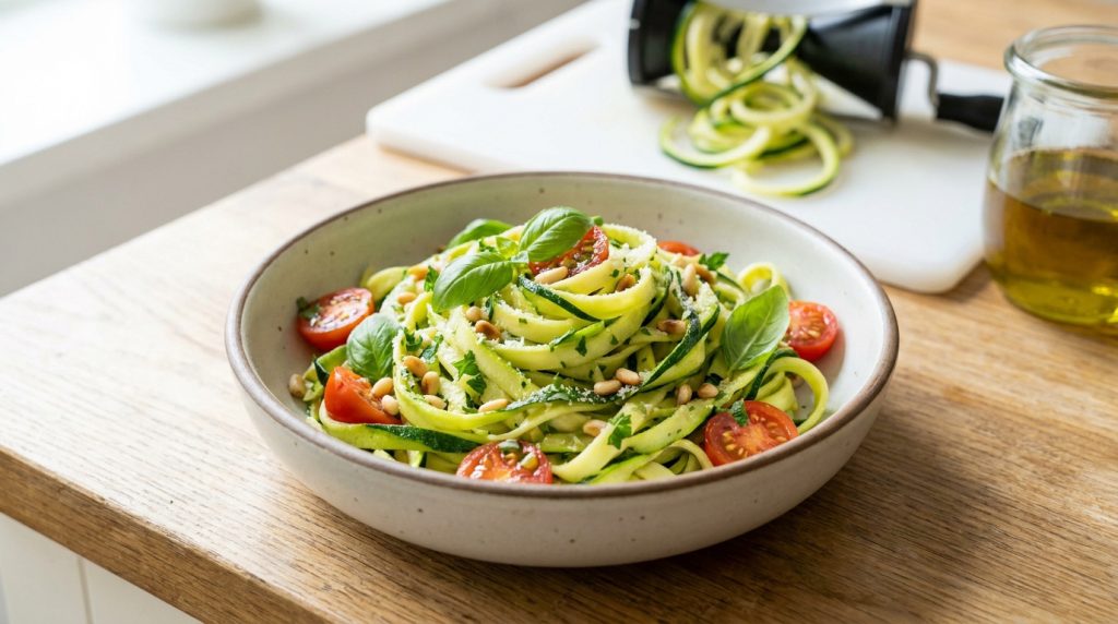 Un bol de tagliatelles de courgettes aux tomates cerises et pignons de pin, sur une table en bois clair.