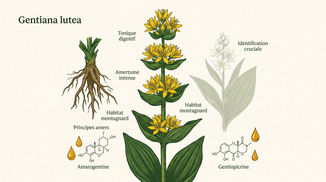 Illustration botanique de la gentiane jaune montrant ses fleurs et ses feuilles opposées