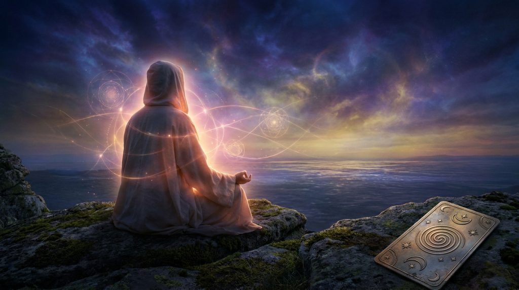 Une silhouette en méditation sur une falaise sous un ciel étoilé, avec une carte de tarot posée au premier plan.