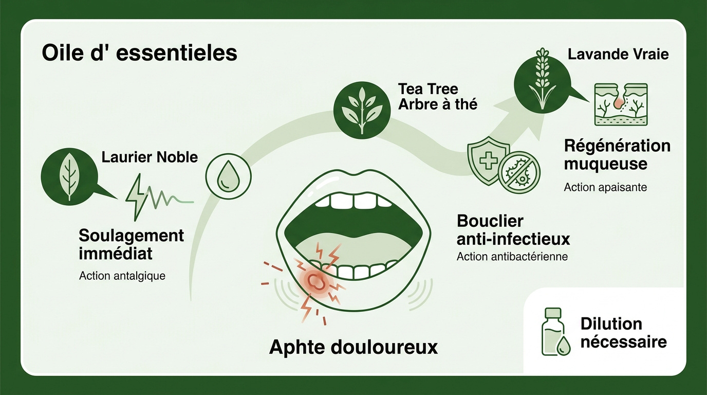 Flacons d'huiles essentielles pour soulager naturellement les aphtes buccaux