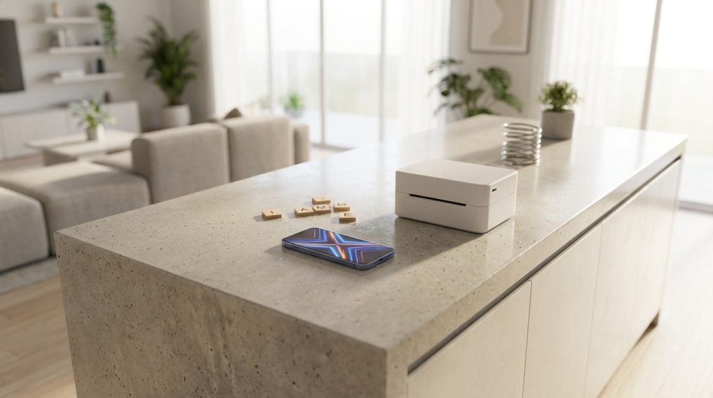 Une imprimante thermique compacte et un smartphone posés sur un îlot de cuisine moderne avec des lettres en bois.