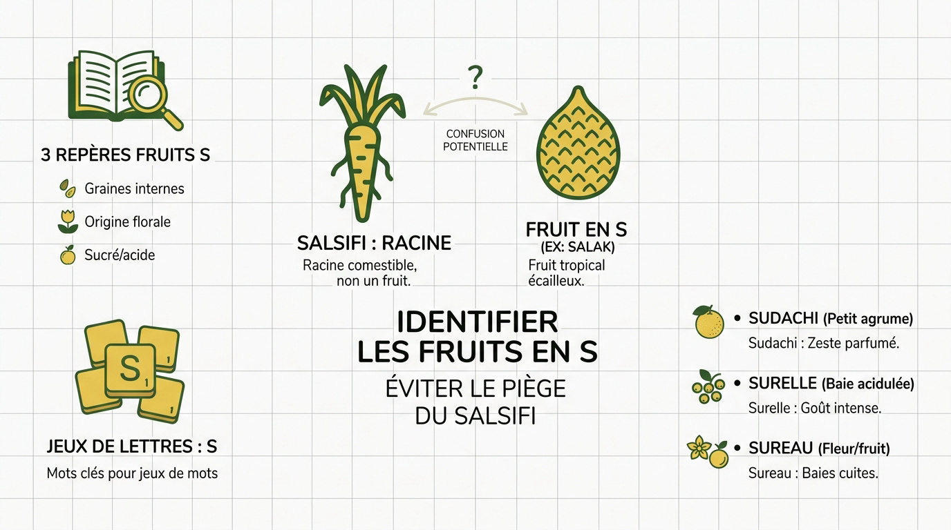 Infographie présentant les différents fruits commençant par la lettre S comme le salak et le sudachi